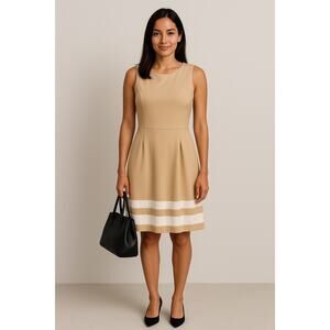 Calvin Klein Sleeveless Tan Pleated Dress with White Stripes at Hem Line Size 6